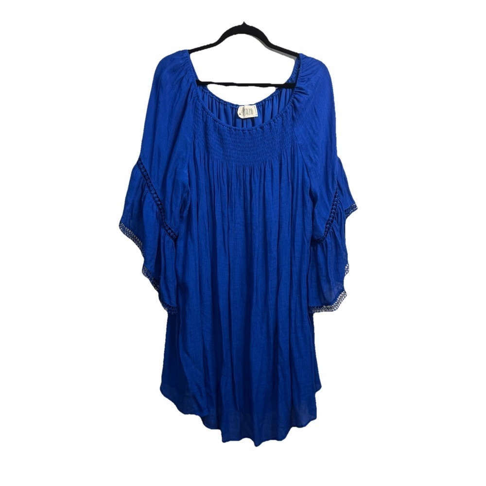 Just Found Woman Dress 2X Blue 3/4 Sleeved Lined Flowy Lace‎ Detail Boho Peasant